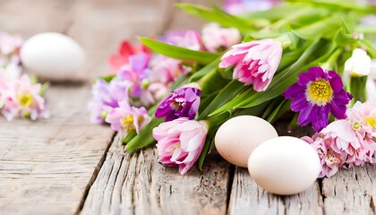 spring flowers and eggs on a wooden table