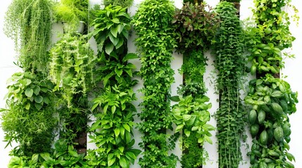 Fototapeta premium A vertical waterfall of herbs each type flowing into the next