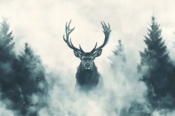 Majestic Stag in a Misty Winter Forest