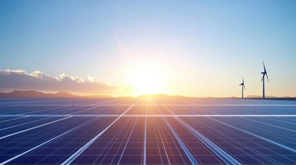 renewable energy sources with solar panels and wind turbines at sunrise