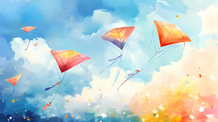 Watercolor illustration of flying kites. Colorful Kite Festival. Illustration