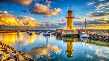 Fototapeta premium Panoramic View of a Serene Harbor Featuring a Bright Yellow Lighthouse and a Sturdy Breakwater, Ideal for Coastal Landscapes and Nautical Themes