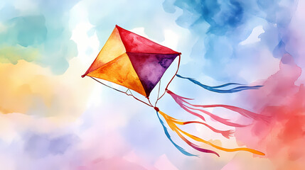 A watercolor illustration of a colorful kite with multiple tails flying in the air, representing fun, freedom, and childhood joy. Colorful Kite Festival. Illustration