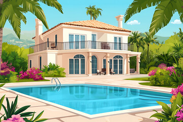 Fototapeta premium A beautiful villa with a pool surrounded by lush greenery and colorful flowers.