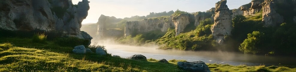 Majestic River Valley With Sunrise Mist And Stone Formations