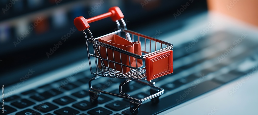 Poster mini cart on laptop keyboard representing modern electronic commerce : generative ai