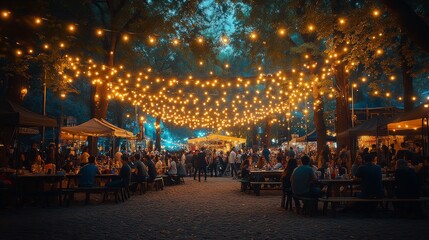 Night market with string lights illuminating people enjoying food and drinks at picnic tables under trees.