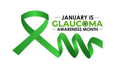 National Glaucoma Awareness Month. Human eye with green awareness realistic Ribbon. Nutritional eye health . Banner poster, flyer and background design template. Vector illustration. Eps 10.