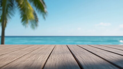 Fototapeta premium serene beach view with wooden deck and palm tree