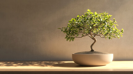 bonsai tree with lush green leaves stands gracefully in minimalist pot, its branches reaching for light, symbolizing growth and tranquility