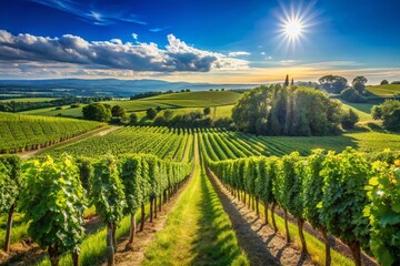 Naklejka premium Panoramic View of Ripening Grapes in a Lush Vineyard Under a Clear Blue Sky on a Sunny Day, Showcasing the Bountiful Harvest and Vibrant Green Foliage