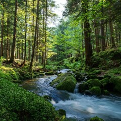 Obraz premium 小川の流れる森の奥