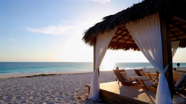 A luxurious beach cabana with flowing soft drapes is ideal for relaxing in the sun.