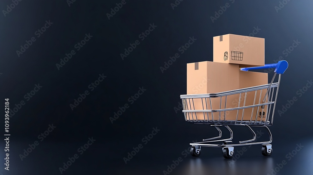 Poster shopping cart with cardboard boxes on black background ideal for retail and logistics industries : g