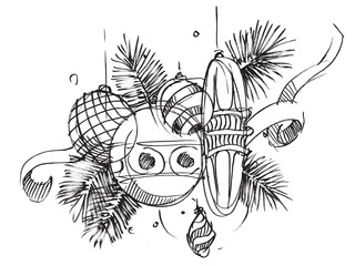 New Year's composition. Christmas tree decorations and Christmas tree branches. Christmas drawing