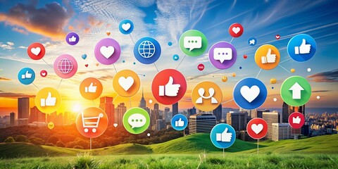 Obraz premium Panoramic View of Social Media Support Symbols Representing Community Engagement and Digital Interaction on a Vibrant Background for Online Marketing Strategies