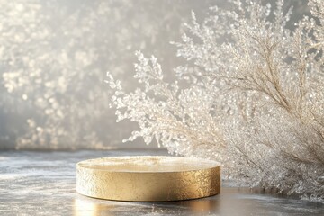 Fototapeta premium Minimalist golden podium with abstract icy textures, creating a dreamlike winter and Christmas mood