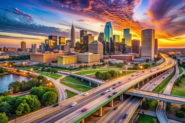 Naklejka premium Panoramic View of Traffic Boards in Dallas City, USA, Displaying Diverse Signage and Urban Infrastructure Amidst Bustling City Life and Skyline