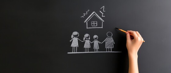 illustration of a family standing together with a house drawing