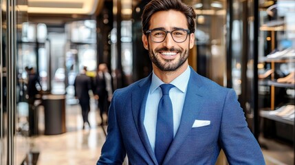 Fototapeta premium Confident Businessman in Blue Suit Smiling in Modern Retail Environment, Showcasing Professionalism and Style with Elegant Background and Bright Atmosphere