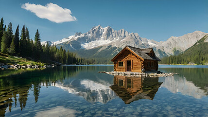 Fototapeta premium lake in the mountains, Crystal-Clear Alpine Lake Reflecting Snow-Capped Mountains