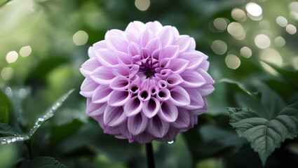 Obraz premium A mesmerizing lilac dahlia in full bloom, surrounded by lush, dark green foliage.