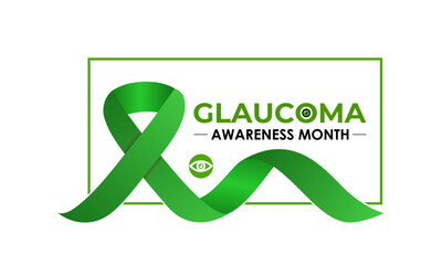 National Glaucoma Awareness Month. Human eye with green awareness realistic Ribbon. Nutritional eye health . Banner poster, flyer and background design template. Vector illustration. Eps 10.