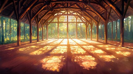Serene Wooden Interior with Sunlight Streaming Through Large Windows in a Forest Setting, Illuminating a Spacious, Unfurnished Room with Beautiful Shadows on the Floor