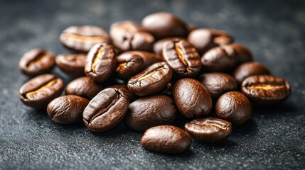 Naklejka premium Close-up of roasted coffee beans on dark surface.