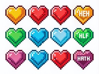Pixel Art Game Health Hearts Collection on White Background - 8-Bit Style Illustration for Gaming and Retro Art Enthusiasts
