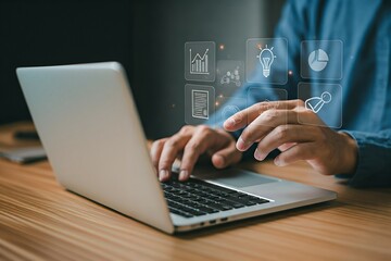 Person typing on a laptop with digital icons floating above the keyboard.