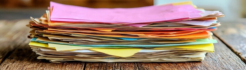 Colorful Pile of Miscellaneous Paper Stacks on a Wooden Table in an Office Environment, Perfect for Illustrating Clutter, Organization, or Document Management Themes