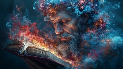 A radiant depiction of a god-like figure holding an open book of gratitude messages written by people