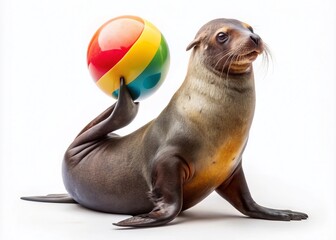 Naklejka premium Playful Fur Seal Balancing a Colorful Ball on a White Background, Captured with Drone Photography for Unique Wildlife Imagery