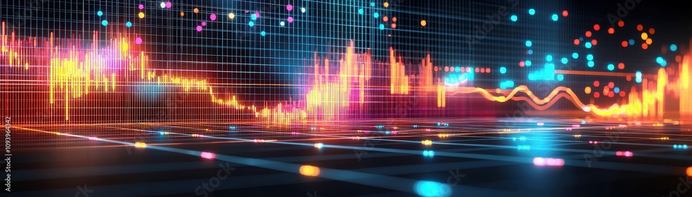 Poster abstract digital waveform display with vibrant colors and geometric patterns representing sound and 