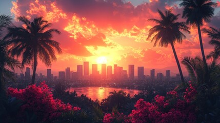 Sunset Cityscape with Palm Trees