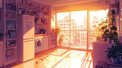 Bright and Cozy Apartment Interior with Laundry Area, Plants, and Sunlight Streaming Through Large Windows in a City Setting