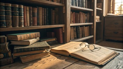 A cozy library corner filled with shelves of finance books some open and accompanied by reading glasses.