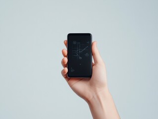 hand holding smartphone with digital interface on screen