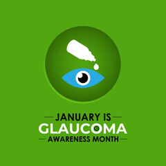 National Glaucoma Awareness Month. Human eye with green awareness realistic Ribbon. Nutritional eye health . Banner poster, flyer and background design template. Vector illustration. Eps 10.