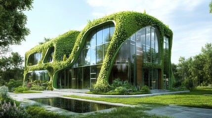 Fototapeta premium A modern eco-friendly house covered in greenery, blending nature with architecture.