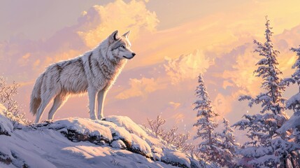 Fototapeta premium Majestic white wolf snowy mountain range wildlife photography winter landscape side view nature conservation