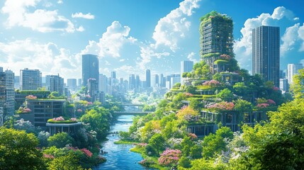 A vibrant, futuristic cityscape blending nature with modern architecture.