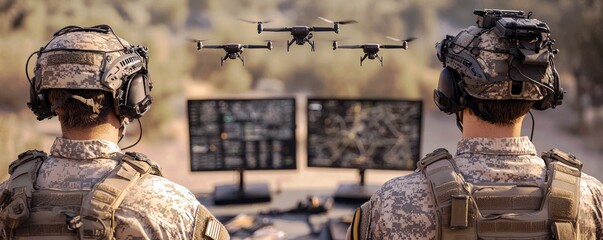 Soldiers Operating Drones in a Military Environment with Advanced Technology and Monitoring Systems for Surveillance and Reconnaissance Missions