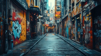 Fototapeta premium A vibrant urban alleyway adorned with colorful street art and graffiti, reflecting local culture.