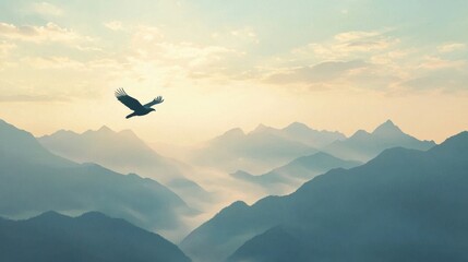 Fototapeta na wymiar Majestic eagle soaring over breathtaking mountain landscape at sunrise nature photography tranquil environment aerial view