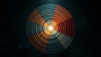 A striking circular abstract design featuring segmented colors and textured rings, illuminated by a glowing light in the center, symbolizing energy, focus, and innovation.