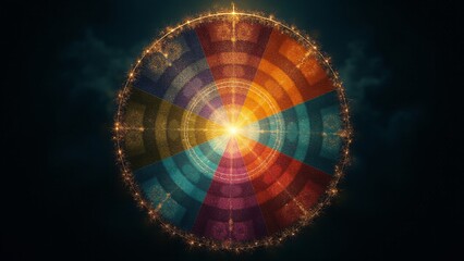 A striking circular abstract design featuring segmented colors and textured rings, illuminated by a glowing light in the center, symbolizing energy, focus, and innovation.