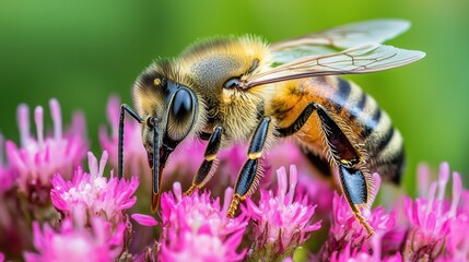 Fototapeta premium Bee pollinating vibrant flowers garden nature photography close-up macro view biodiversity awareness