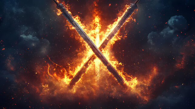 Dual flaming and icy swords crossed in smoke - epic fantasy battle concept image. Flaming Sword Duel. Illustration